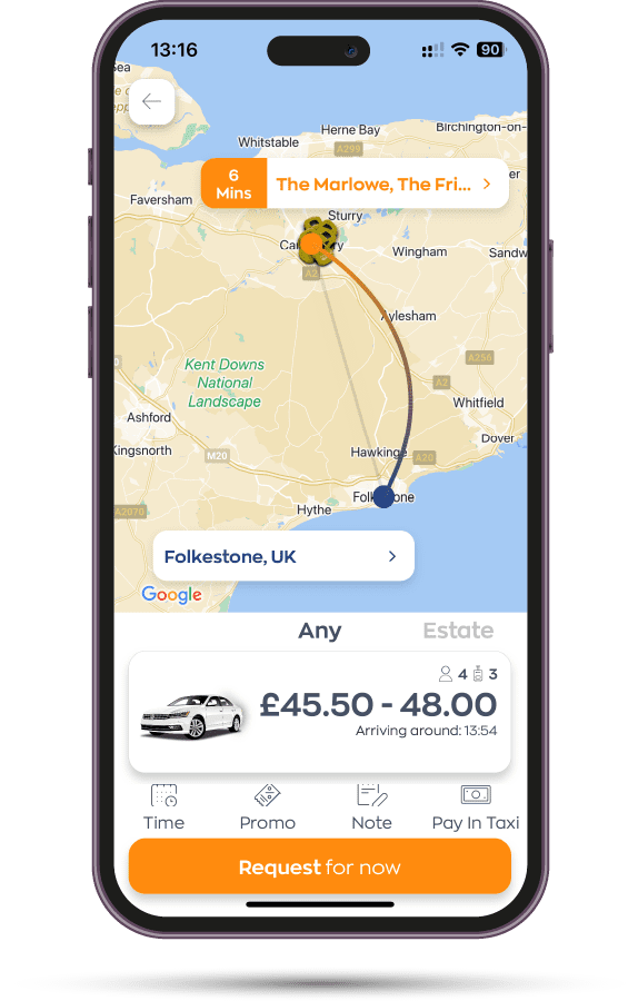 CabCo mobile app showing a journey from Folkestone